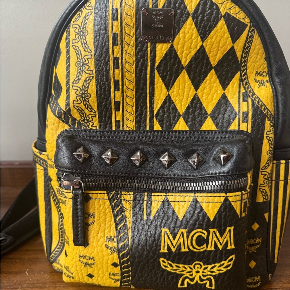 MCM Black and Yellow Studded Backpack